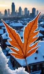 Poster - Frosty Leaf and City Skyline.