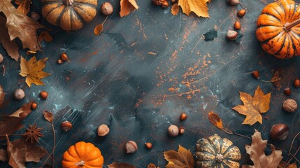 Canvas Print - Autumn themed vintage surface with pumpkins nuts and leaves Overhead view with space for text toned