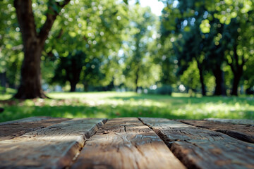 Poster - Empty wooden table in sunlight with green park background, blurred for tranquility. Perfect for product display or mockup