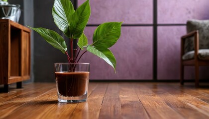 Poster - Green Plant in Glass Vase on Wooden Floor.