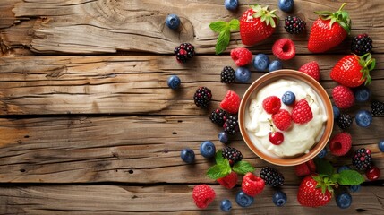 Canvas Print - Top down view of wooden table with fresh fruit and yogurt topping and empty space for text