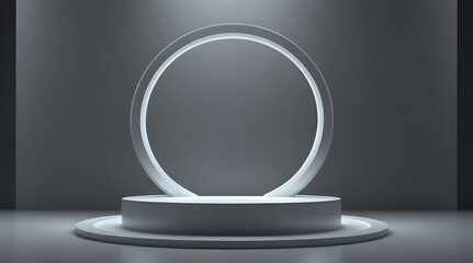 Podium background 3D light tech stage future platform. Podium 3D background technology room product circle glow effect portal stand studio scene white design ring modern display space. generative.ai