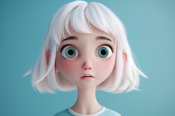 Canvas Print - Surprised cartoon girl with white hair and wide eyes, displaying a vivid expression