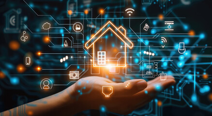 Canvas Print - A digital hand holding up an illuminated house with various smart home icons floating around it, set against the backdrop of a circuit board.