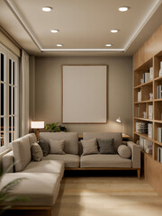 Wall Mural - Modern, luxurious living room features a grey L-shaped sofa, a bookshelf, a frame mockup on the wall