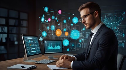 the concept of business process management and automation with a workflow flowchart on a digital scr