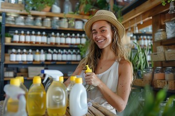 eco-friendly living: woman cleaning with non-toxic products for a sustainable home, reducing chemica