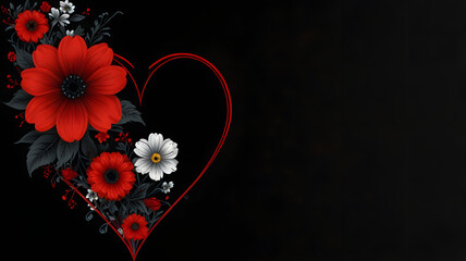 Sticker - red flower on black heart, ai generated