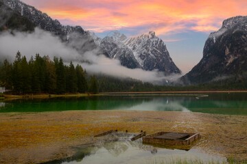 Poster - Landscape of Lake Dobbiaco or Toblacher See in the Dolomites. The magnificent reflection of the mountains in the waters of the lake. Pusteria Valley,