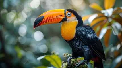 A colorful toucan bird with a yellow-orange beak in a tropical forest rests sitting on a tree branch surrounded by greenery. Background for design.