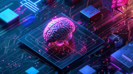 Wall Mural - isometric landing page with artificial intelligence: glowing human brains levitate on antigravity pl
