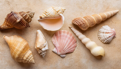 Wall Mural - Collection of different seashells, conch on beige stone backdrop. Natural element. Top view.