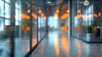 Aufkleber - Beautiful blurred background of a modern office interior in gray tones with panoramic windows glass partitions and orange color accents : Generative AI