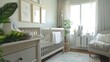 © Generative AI - Childrens room with comfortable crib and pictures on grey wall Interior design : Generative AI