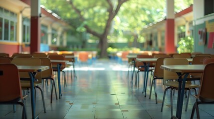 Leinwandbilder - School classroom in blur background without young student Blurry view of class room no kid or teacher with chairs and tables in campus : Generative AI
