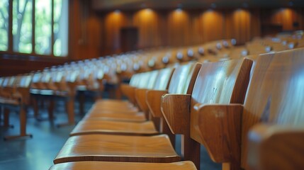 Aufkleber - Empty university classroom with wooden chairs and desks Modern university lecture room without student : Generative AI