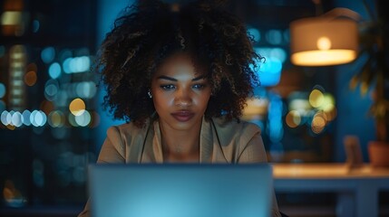 Leinwandbilder - Pensive AfricanAmerican executive read information on laptop in dark empty office Businesswoman work on computer late in modern office : Generative AI