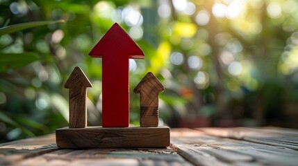 Fototapete - a red up arrow and wooden house The concept of the rising price of real estate high demand for real estate growth of rental rates and mortgage sales of apartments Population grows : Generative AI