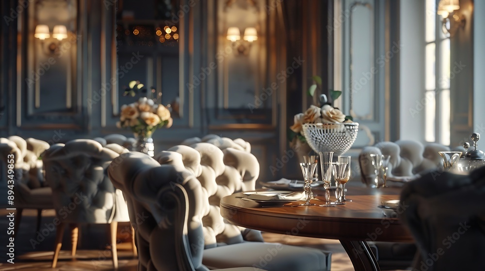 Stylish composition of elegant dining room interior design with velvet ...