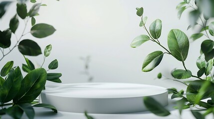 Wall Mural - Empty round podium and green leaves on light grey background top view Pedestal and fresh natural branches for cosmetic advertising Eco product presentation mockup Top view Minimal flat : Generative AI