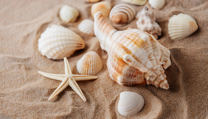 Poster - Collection of different seashells, conch on sand surface. Natural element. Top view. Close-up.