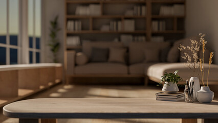 Canvas Print - a space for displaying products on a wooden coffee table in a cozy, contemporary living room.