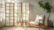 © Generative AI - Interior of living room with white folding screen wooden armchair and table : Generative AI