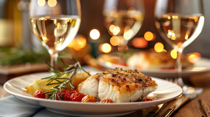 Romantic dinner for two with white wine and baked fish.