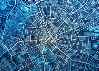 Intricate blue city map artwork featuring stunning fractal patterns, minimalistic line drawings, and meticulous details, perfect for art enthusiasts and unique home decor accent.