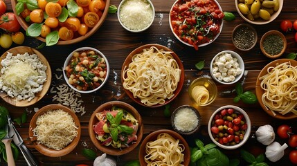 Wall Mural - Italian food panorama Various pasta dishes overhead flat lay shot : Generative AI