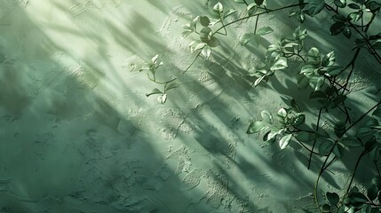 Aufkleber - Pale green textured plaster wall with abstract sun light shadow foliage silhouette elegant floral background with copy space : Generative AI