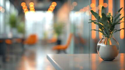 Aufkleber - Beautiful blurred background of a modern office interior in gray tones with panoramic windows glass partitions and orange color accents : Generative AI