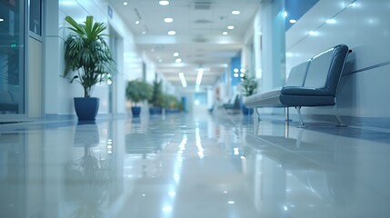 Poster - Blur background of corridor in clean hospital Blurred view of aisle in office with light floor Blurry lobby and waiting area in hotel Defocused empty area for event hall in shopping ma : Generative AI