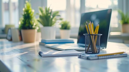 Leinwandbilder - Modern workplace with laptop computer pencil holder and notebook on white table : Generative AI