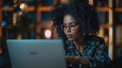 Leinwandbilder - Pensive AfricanAmerican executive read information on laptop in dark empty office Businesswoman work on computer late in modern office : Generative AI