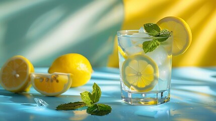 Aufkleber - A  cold lemonade in a glass with lemon mint and ice on a yellow and blue background with shadow The concept of a refreshing and healthy drink : Generative AI