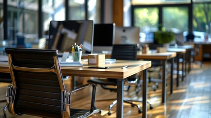 Fototapete - Modern office space with tables and chairs computers and office supplies with no employees : Generative AI