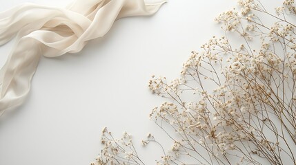 Wall Mural - Dry plants and silk ribbon on white background Flat lay top view : Generative AI