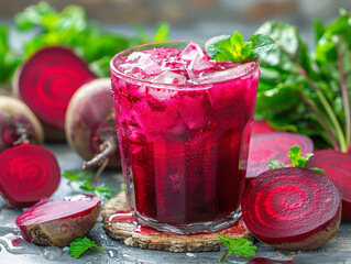 Canvas Print - Refreshing Iced Beet Juice With Mint Garnish and Sliced Beets