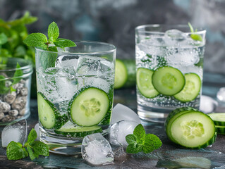 Sticker - Refreshing Cucumber and Mint Infused Water With Ice Cubes