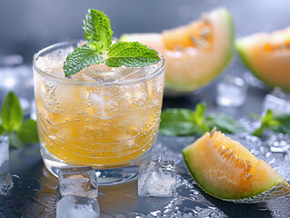 Wall Mural - Refreshing Melon and Mint Summer Drink With Ice Cubes