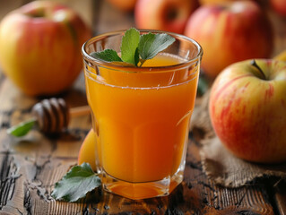 Poster - Freshly Squeezed Apple Juice With Mint Garnish on Rustic Wooden Table