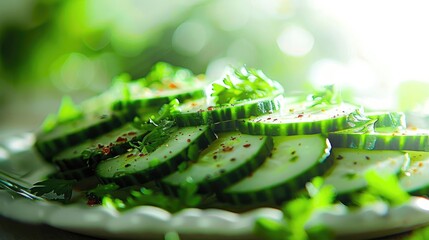 Wall Mural - Freshly sliced cucumbers garnished with herbs and spices, served on a plate in a bright, green, and inviting setting.