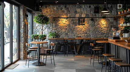 Leinwandbilder - Seating area with bar tables and bar chairs in a modern cafe industrial style with stone wall wood and black steel : Generative AI
