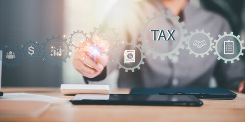 Aufkleber - online tax return concept ,Government, state taxes ,document management system , business financial budget ,Accounting and auditing systems ,financial research ,data document analysis