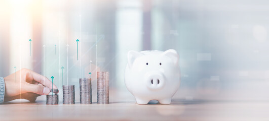 Aufkleber - concept of finance and investment ,profit growth management ,Stock and currency fund management ,bank interest ,high return investment ,Planning to save money for retirement ,pig piggy bank
