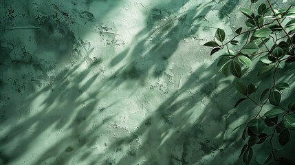 Aufkleber - Pale green textured plaster wall with abstract sun light shadow foliage silhouette elegant floral background with copy space : Generative AI
