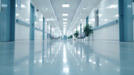 Wall Mural - Blur abstract background of corridor in clean hospital Blurred view of aisle in office with light floor Blurry lobby and waiting area in hotel Defocused empty area for event hall in sh : Generative AI