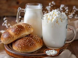 Wall Mural - Freshly Baked Sesame Seed Rolls Served With Cottage Cheese and Milk