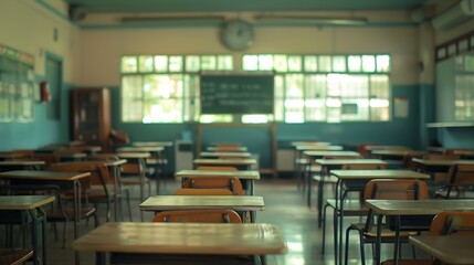 Poster - Lecture room or School empty classroom with desks and chair iron wood in high school thailand interior of 
secondary education vintage tone educational concept : Generative AI